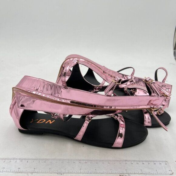 YDN Pink Women Sexy Knee High Back Zipper Flats Fringe Low Heel Gladiator Strap - Picture 2 of 7